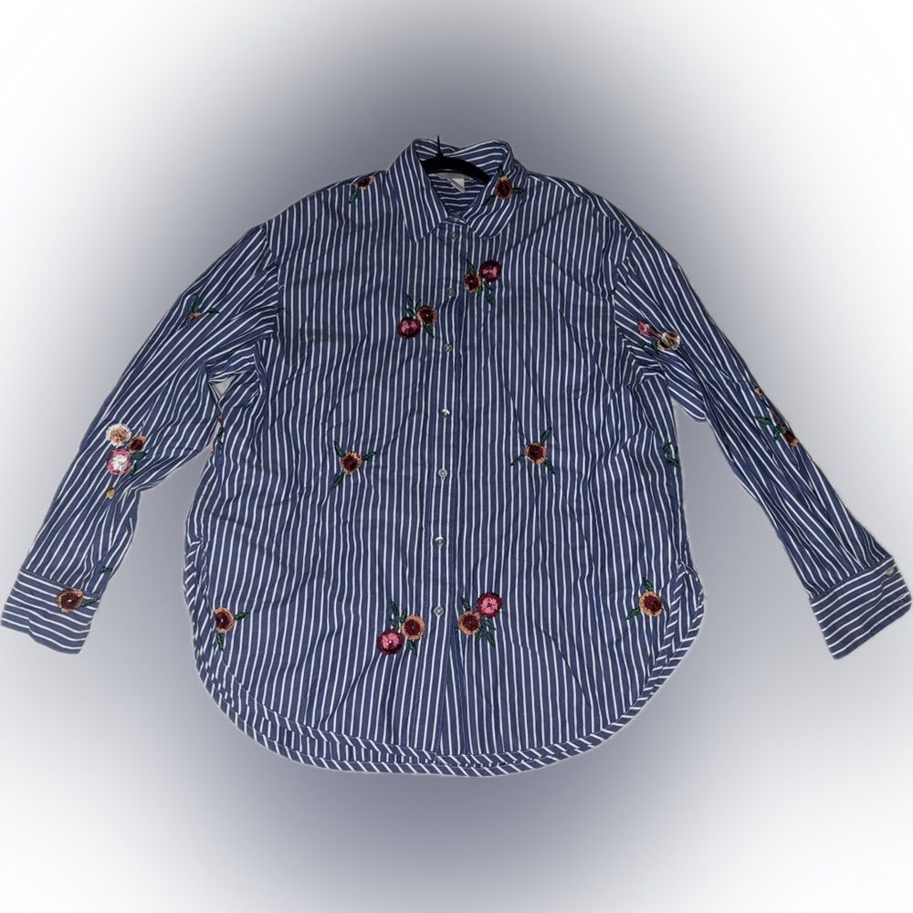 H&M RARE flower cottagecore farmer pinstripe floral oversized button up shirt 💐 - Picture 2 of 6